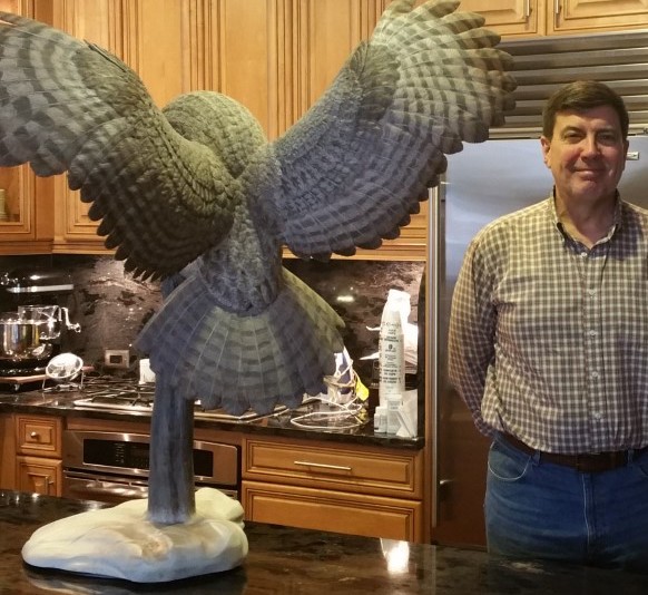 Great Grey Owl wood sculpture, rear view showing wing detail